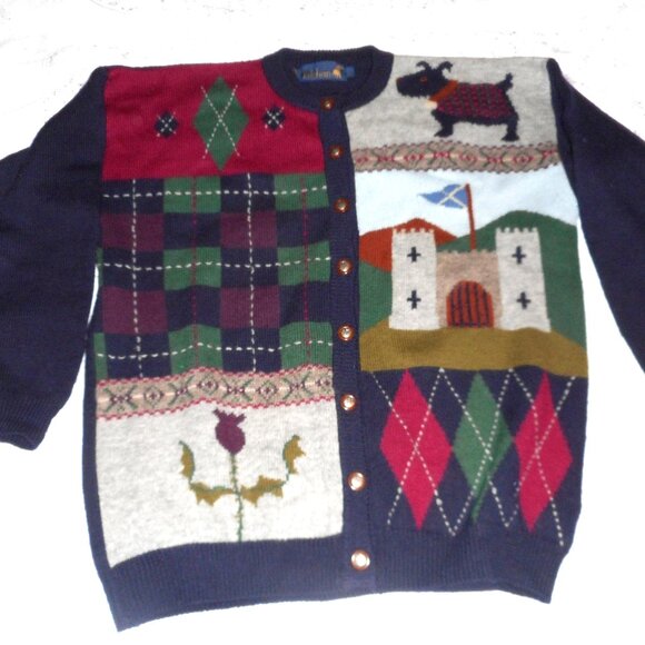 Scottish Wool Cardigan Castle Scottie Dog Tulip - Picture 1 of 5